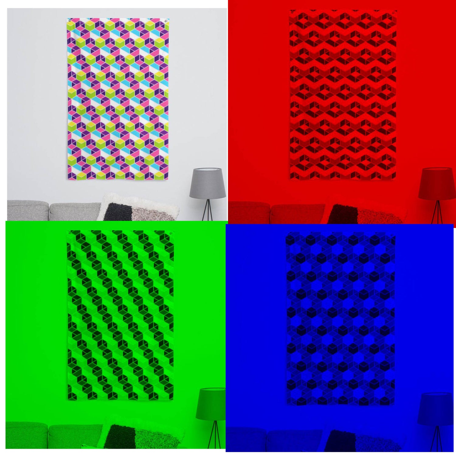 Image showing a large tapestry with a multi-colored geometric pattern as it appears in daylight, Red light, Green light, and Blue Light